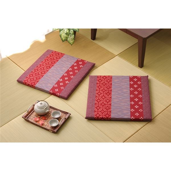 和柄 座布団 エンジ 約55×55cm 2枚組 綿100％ 日本製 絣和柄 座布団 〔リビング 居間 店舗〕代引NG クッション・座布団 クッション