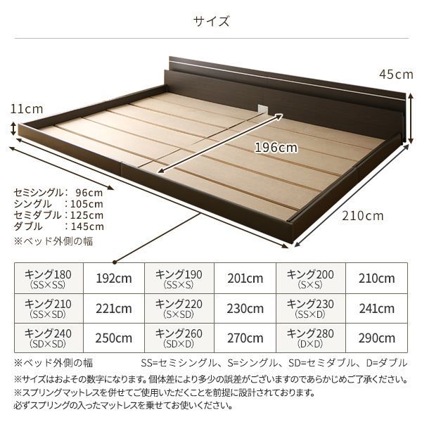 宮付き 連結式ベッド ローベッド ワイドキングサイズ 幅280cm ダブルサイズ×ダブルサイズ (ポケットコイルマットレス付き) 棚付き ライト付き 国産フレーム 低床 低ホルムアルデヒド ホワイト 白 代引NG