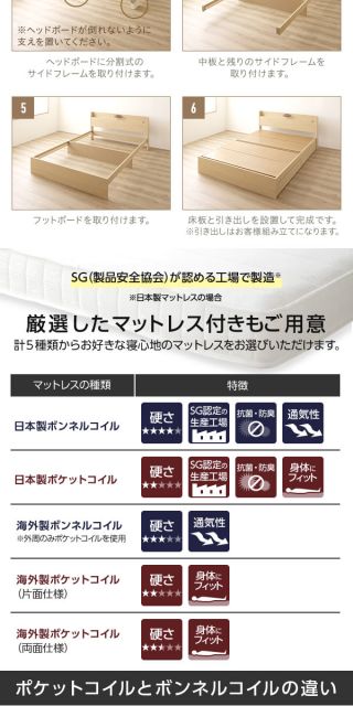 ヘッドボード付き 木目調 収納ベッド セミダブルサイズ (ポケットコイルマットレス付き) ライト付き コンセント付き キャスター付き引き出し 大容量 北欧テイスト シンプル 日本製ベッドフレーム ウォルナットブラウン代引NG