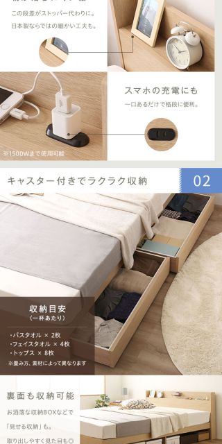 ヘッドボード付き 木目調 収納ベッド セミダブルサイズ (SGマーク国産ポケットコイルマットレス付き) ライト付き コンセント付き キャスター付き引き出し 大容量 北欧テイスト シンプル 日本製ベッドフレーム ウォルナットブラウン代引NG