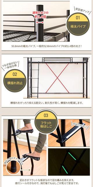 宮付き 極太パイプ ロフトベッド/システムベッド シングルサイズ ホワイト 白 ハイタイプ・ミドルタイプ両用 二段階高さ調整可能 2口コンセント付き メッシュ床 耐荷重120kg代引NG