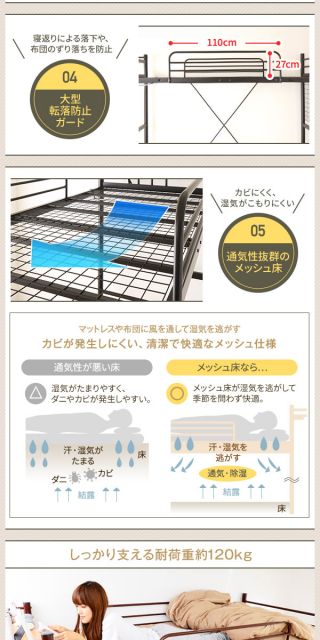 宮付き 極太パイプ ロフトベッド/システムベッド シングルサイズ ホワイト 白 ハイタイプ・ミドルタイプ両用 二段階高さ調整可能 2口コンセント付き メッシュ床 耐荷重120kg代引NG