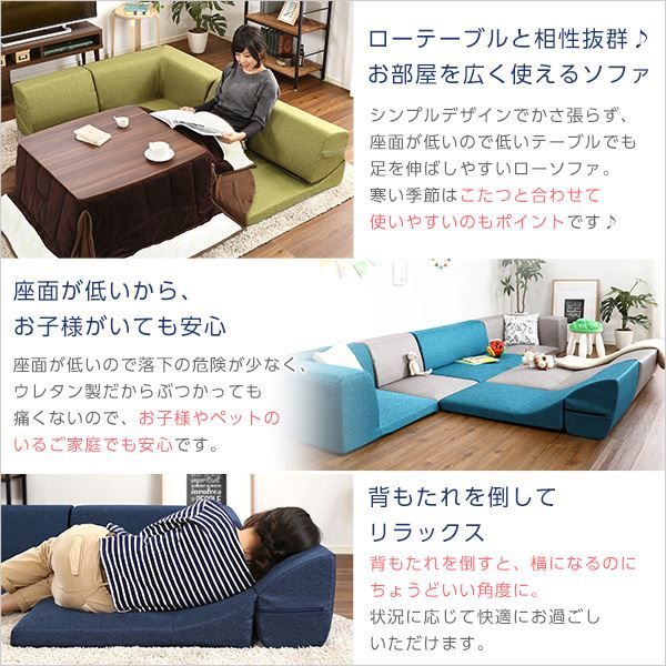 ローソファー 3人掛け コーナー付き グレー 座面高7.5cm 分割式 ファブリック 日本製 国産 完成品 フロアソファー リビング家具代引NG