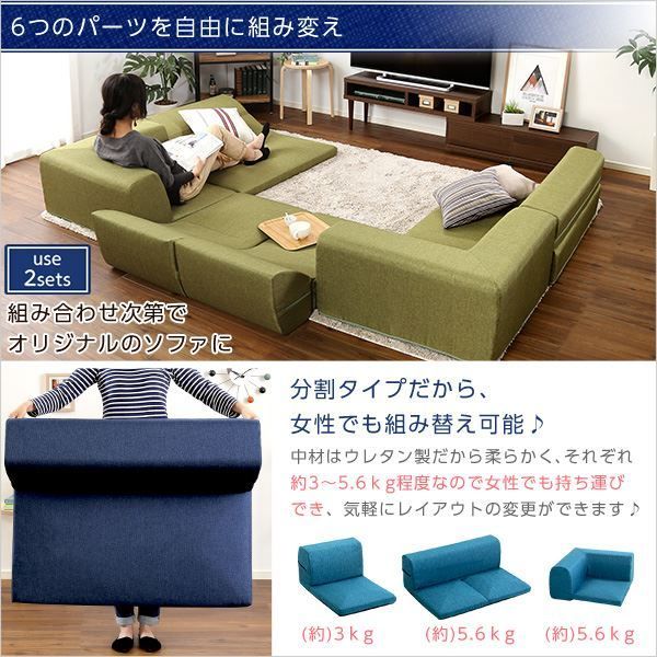 ローソファー 3人掛け コーナー付き 同色2セット ターコイズブルー 座面高7.5cm 分割式 ファブリック 日本製 国産 完成品 フロアソファー リビング家具代引NG