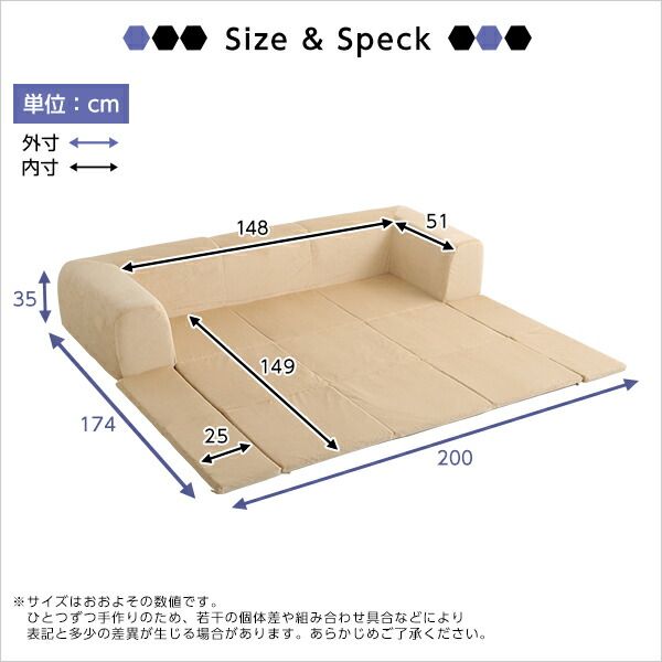 フロアマット付き ローソファー Mサイズ 幅200cm ブルー 洗えるカバー付き 肘付き 日本製 国産 フロアソファー カバーリングソファー代引NG