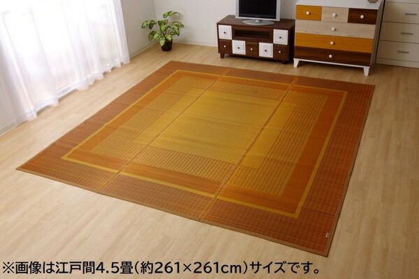 い草 花ござ ラグマット/絨毯 ネイビー 江戸間2畳 約174×174cm 日本製 抗菌 防臭 消臭 調湿 不織布 防傷 〔リビング〕代引NG