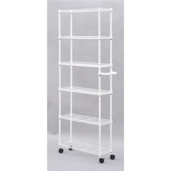19Φ スチールラック/スリムワゴン 60cm×20cm×154.5cm ホワイト 棚板6枚 高さ調節可 取っ手 キャスター×4 スチール製脚付代引NG