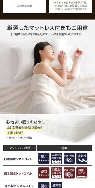 多機能ヘッドボード 収納ベッド セミダブルサイズ SGマーク国産ポケットコイルマットレス付 フラップ扉収納 コンセント付き 棚付き ライト付き 宮付き 大容量 引き出し2杯付き 低ホルムアルデヒド 国産 ダークブラウン代引NG