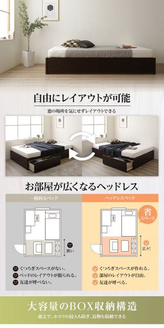 日本製 ヘッドレス ボックス収納 ベッド シングルサイズ 国産ポケットコイルマットレス 引き出し2杯付き 長尺物可 大容量 頑丈 耐荷重500kg ナチュラル代引NG