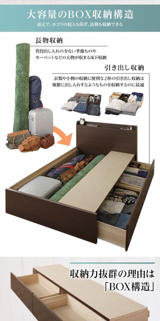 頑丈 引き出し収納付き ベッド シングル スリムヘッドボード 薄型宮付き 国産ポケットコイルマットレス 背面化粧 低ホルムアルデヒドF☆☆☆☆ 長尺物可 大容量 2口コンセント 収納ボックス2杯 日本製 アイボリー代引NG