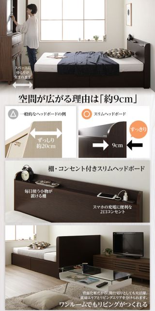 組立設置サービス 頑丈 引き出し収納付き ベッド セミダブル スリムヘッドボード 薄型宮付き 国産ポケットコイルマットレス 背面化粧 低ホルムアルデヒドF☆☆☆☆ 長尺物可 大容量 2口コンセント 収納ボックス2杯 日本製 ダークブラウン代引NG