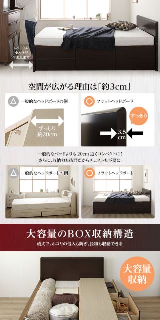省スペース ヘッドボード 頑丈 大容量 BOX収納 ベッド  シングルサイズ 日本製 ポケットコイルマットレス 低ホルムアルデヒドF☆☆☆☆ 長尺物可 引き出し5杯 ナチュラル代引NG