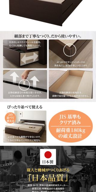 組立設置サービス 省スペース ヘッドボード 頑丈 大容量 BOX収納 ベッド  シングルサイズ (フレームのみ) 日本製 低ホルムアルデヒドF☆☆☆☆ 長尺物可 引き出し5杯 ダークブラウン代引NG
