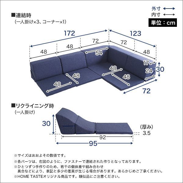 コーナー ローソファー 単品 コーナー付き ネイビー 1人掛け：幅約49cm コーナー：約幅74cm 日本製 国産 フロアソファー コーナーソファー リビング家具代引NG
