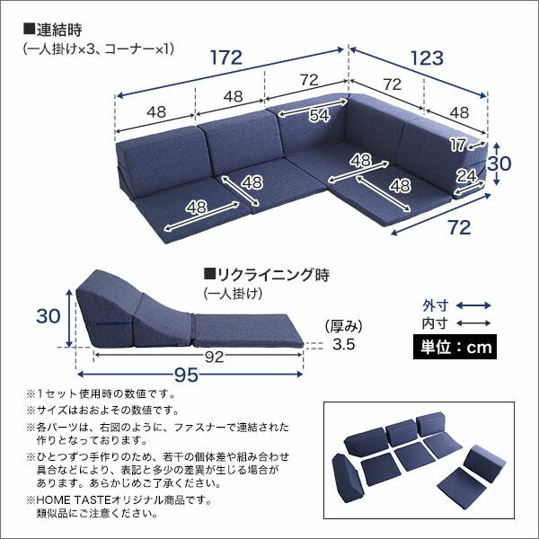 コーナー ローソファー 2セット コーナー付き ネイビー 1人掛け：幅約49cm コーナー：約幅74cm 日本製 国産 フロアソファー コーナーソファー リビング家具代引NG