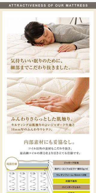 完全受注生産方式 純国産 TSI ポケットコイルマットレス ベーシックタイプ/ セミシングル ノンヒートコイル 抗菌・防臭・防ダニ加工 東京スプリング 国内自社一貫製造 日本製代引NG