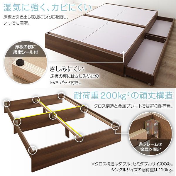 スーパSALE10倍＆4時間限定10％OFF ナチュラルテイスト 収納ベッド セミダブルサイズ ボンネルコイルマットレス付き 引出し2杯付き 木目調 ヘッド無し 耐荷重200kg 頑丈 ブラウン