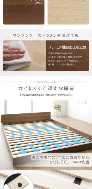 スーパSALE10倍＆4時間限定10％OFF すのこベッド ローベッド 省スペース フラットヘッドボード ブラウン ダブル ダブルベッド ポケットコイルマットレス付き 木製ベッド 低床 一枚板