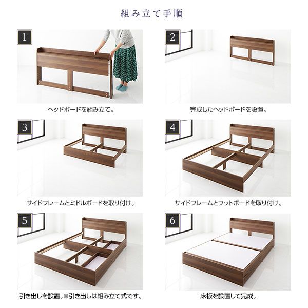 スーパSALE10倍＆4時間限定10％OFF ベッド 収納付き ダブル ブラウン ベッドフレーム ポケットコイルマットレス付き ハイクオリティモダン 木製ベッド 引き出し付き 宮付き コンセント付き