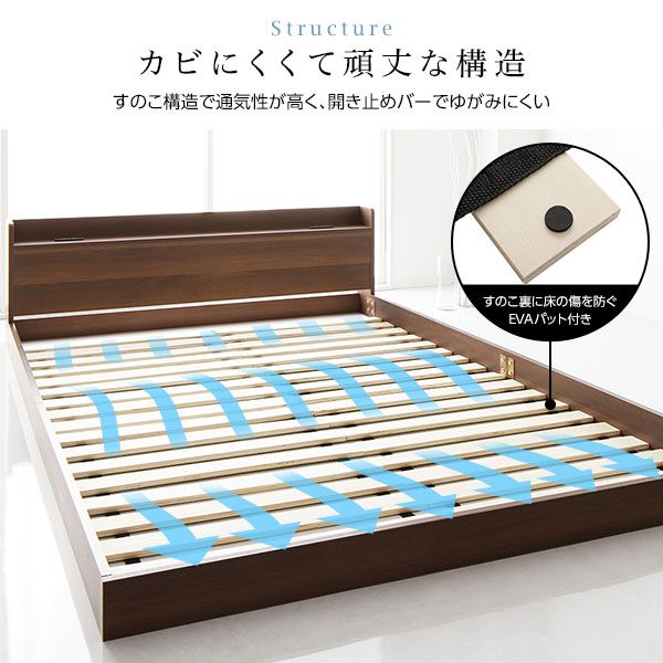 スーパSALE10倍＆4時間限定10％OFF ヘッドボード付き ローベッド すのこベッド セミダブルサイズ (ベッドフレームのみ) 宮棚付き 2口コンセント付き 木目調 メラミン樹脂加工板使用 頑丈 ブラック