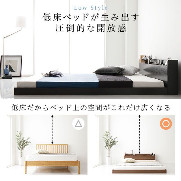 スーパSALE10倍＆4時間限定10％OFF ヘッドボード付き ローベッド すのこベッド セミダブルサイズ (ポケットコイルマットレス付き) 宮棚付き 2口コンセント付き 木目調 メラミン樹脂加工板使用 頑丈 ブラック