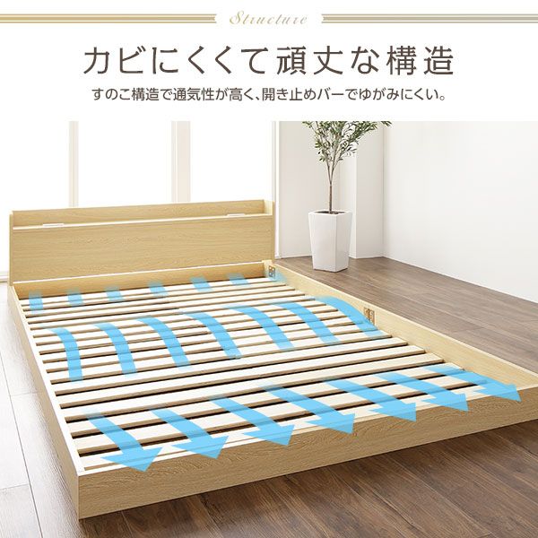 スーパSALE10倍＆4時間限定10％OFF ヘッドボード付き ローベッド すのこベッド ダブルサイズ (ポケットコイルマットレス付き) 宮棚付き 2口コンセント付き 木目調 メラミン樹脂加工板使用 頑丈 ナチュラル