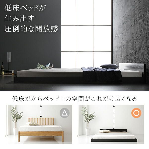 フラットヘッドボード ローベッド フロアベッド セミダブルサイズ (ポケットコイルマットレス付き) スノコ構造 1枚板 頑丈 木目調 スタイリッシュ ブラック