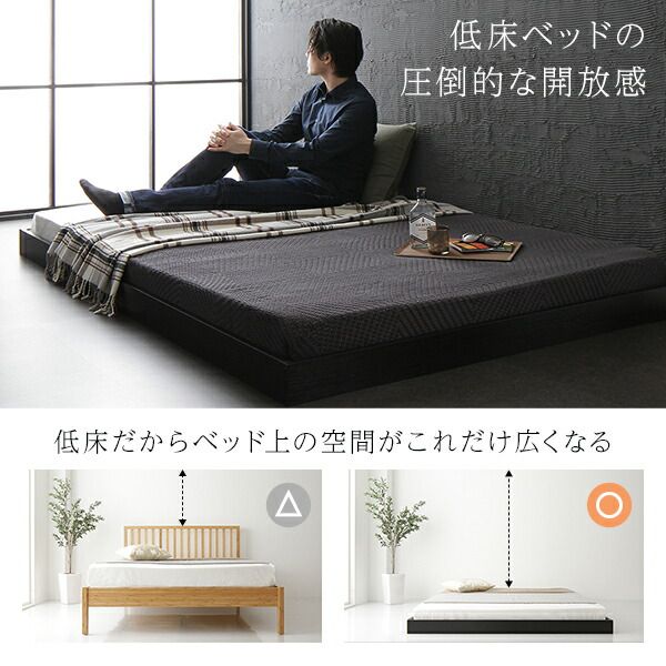 スーパSALE10倍＆4時間限定10％OFF ヘッドボード無し ローベッド フロアベッド ダブルサイズ (ポケットコイルマットレス付き) スノコ構造 頑丈 木目調 スタイリッシュ ブラック