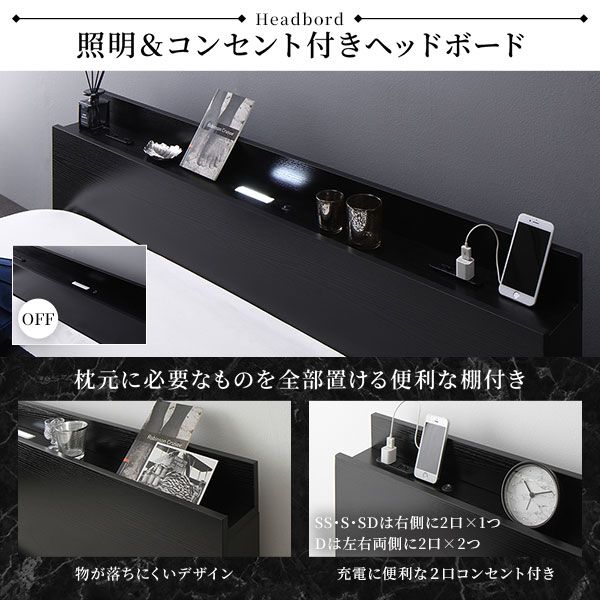スーパSALE10倍＆4時間限定10％OFF 宮棚付き ローベッド フロアベッド ダブルサイズ (ベッドフレームのみ) スノコ構造 LEDライト付き 2口コンセント付き 木目調 頑丈 スタイリッシュ ブラック