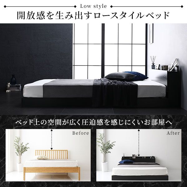スーパSALE10倍＆4時間限定10％OFF 宮棚付き ローベッド フロアベッド ダブルサイズ (ベッドフレームのみ) スノコ構造 LEDライト付き 2口コンセント付き 木目調 頑丈 スタイリッシュ ホワイト