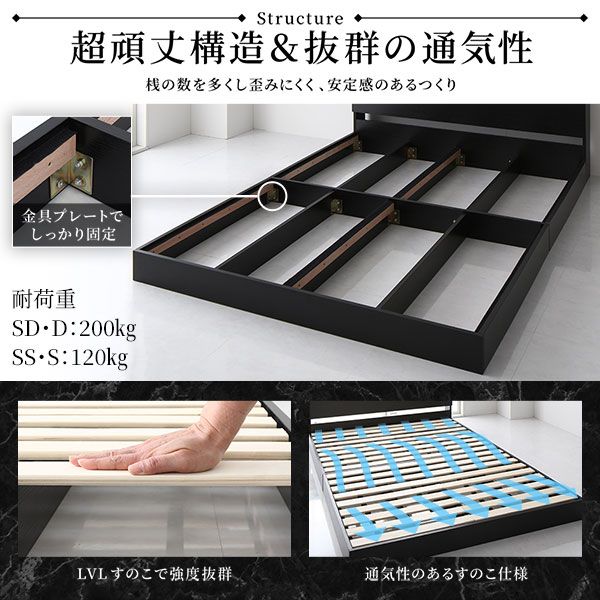 宮棚付き ローベッド フロアベッド セミシングルサイズ (ポケットコイルマットレス付き) スノコ構造 LEDライト付き 2口コンセント付き 木目調 頑丈 スタイリッシュ ホワイト