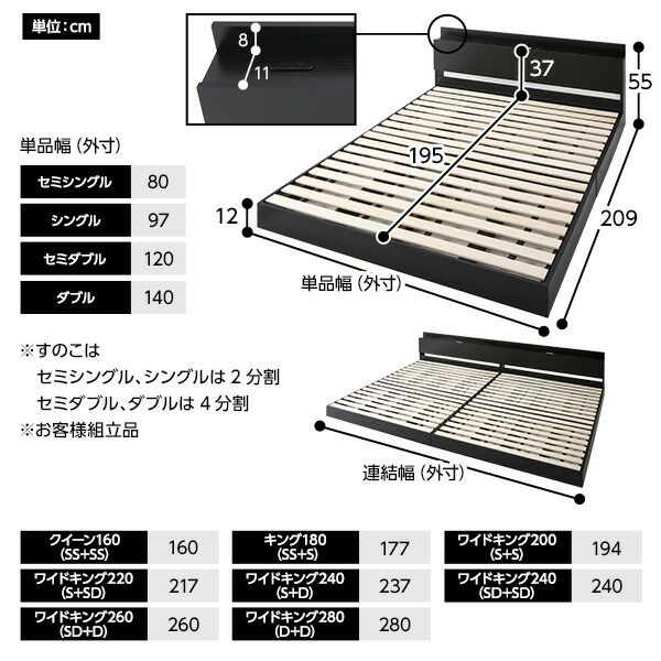 スーパSALE10倍＆4時間限定10％OFF 宮棚付き ローベッド 連結ベッド キングサイズ (SS+S) ポケットコイルマットレス付き スノコ構造 ヘッドボード付き LEDライト付き 2口コンセント付き 木目調 頑丈 ブラック