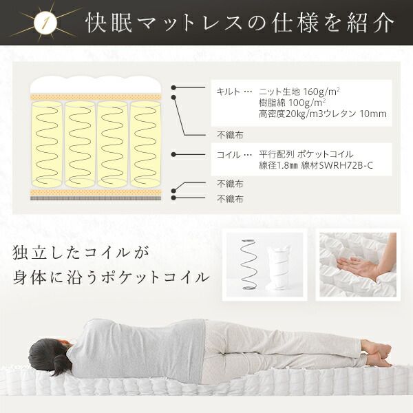 快眠 ポケットコイルマットレス 寝具 セミダブルサイズ 高密度 キルト生地 平行配列 一年保証 コンパクト 圧縮ロール梱包 型崩れしにくい 一年中快適
