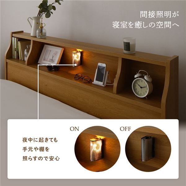 スーパSALE10倍＆4時間限定10％OFF ヘッドボード付き 2段棚 収納ベッド セミダブルサイズ 海外製ポケットコイルマットレス付き 引出し2杯付き ライト付 宮棚付き コンセント付き 木目調 国産フレーム 低ホルムアルデヒド ホワイト