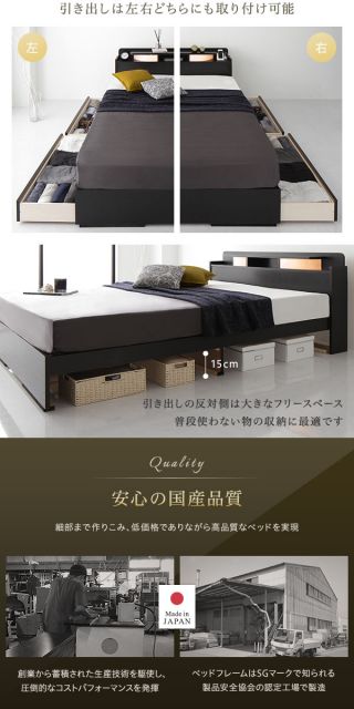 2段棚 ヘッドボード付き 収納ベッド シングルサイズ 日本製ポケットコイルマットレス付き 引出し2杯付き ライト付き 宮棚付き コンセント付き 国産フレーム 低ホルムアルデヒド 木目 ブラック代引NG