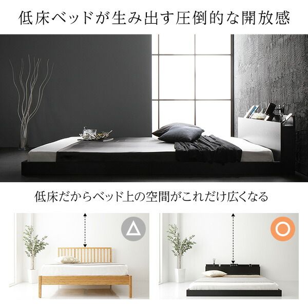 スーパSALE10倍＆4時間限定10％OFF スタイリッシュ ローベッド すのこベッド セミダブルサイズ ポケットコイルマットレス付き 宮棚付き 2口コンセント付き 木目調 通気性抜群 メラミン樹脂加工板 頑丈 ブラック