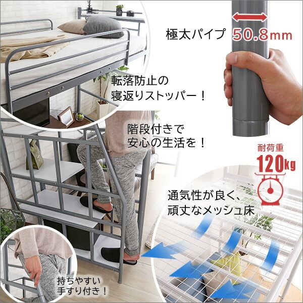 ロフトベッド シングル ベッドフレームのみ ブラック 階段付 宮付 2口 コンセント付 収納スペース付 棚付 宮棚付 高さ調整可 ハイタイプ ミドルタイプ スチールパイプ パイプロフトベッド シングルベッド パイプベッド ロフトベット代引NG