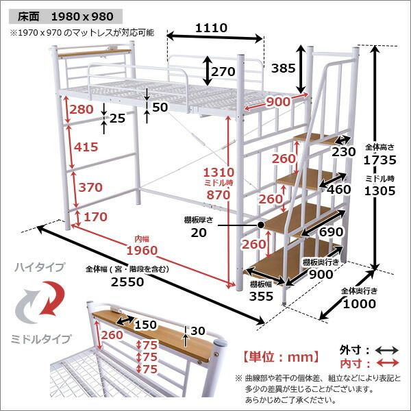 ロフトベッド シングル ベッドフレームのみ ホワイト 階段付 宮付 2口 コンセント付 収納スペース付 棚付 宮棚付 高さ調整可 ハイタイプ ミドルタイプ スチールパイプ パイプロフトベッド シングルベッド パイプベッド ロフトベット代引NG