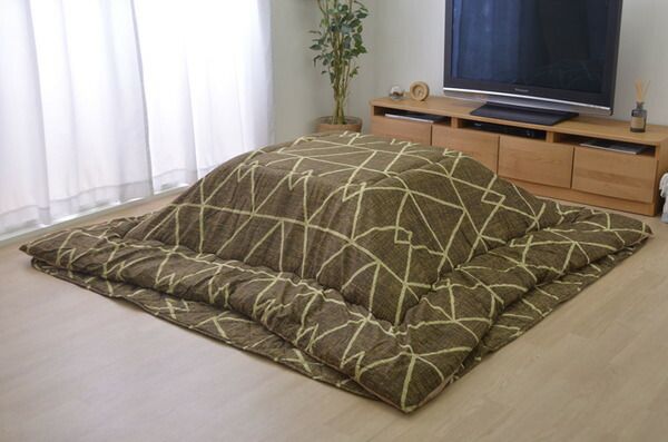 シンプル こたつ布団/寝具 幾何柄 掛け敷きセット グリーン 約190cm×190cm 正方形 洗える 〔リビング ダイニング〕代引NG