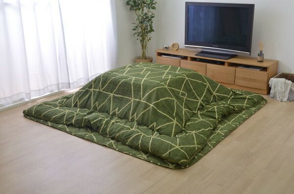 シンプル こたつ布団/寝具 幾何柄 掛け敷きセット グリーン 約190cm×190cm 正方形 洗える 〔リビング ダイニング〕代引NG