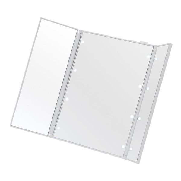 スーパSALE10倍＆4時間限定10％OFF ビューティーミラー(ホワイト/白) LED/ライト付/三面鏡/スリム/卓上ミラー/メイク/化粧/電池式/折りたたみ/光る/手鏡/コンパクト/完成品/NK-2720