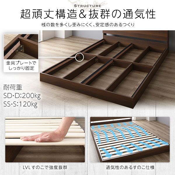ベッド 低床 ロータイプ すのこ 木製 LED照明付き 棚付き 宮付き コンセント付き シンプル モダン ナチュラル セミシングル ボンネルコイルマットレス付き