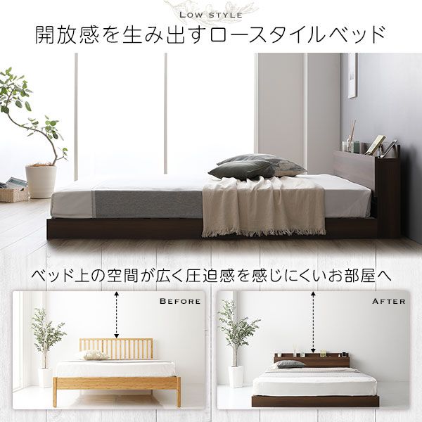 ベッド 低床 ロータイプ すのこ 木製 LED照明付き 棚付き 宮付き コンセント付き シンプル モダン ナチュラル シングル ボンネルコイルマットレス付き