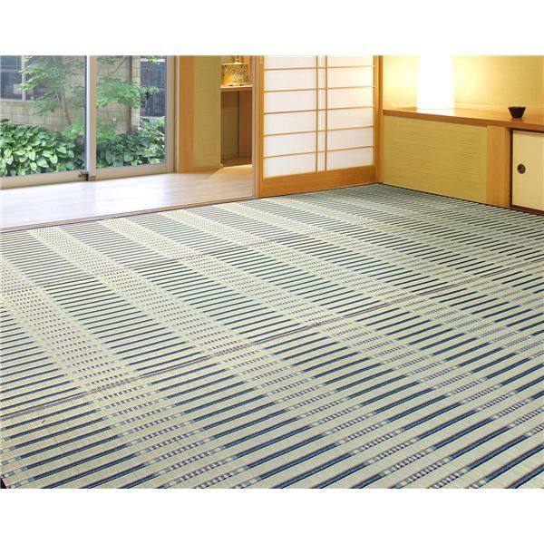 い草 柄上敷き/ラグマット 江戸間 8帖 ブルー 縁：綿100％ 高耐久性 掛川織 『津弥 つや』 〔リビング ダイニング〕代引NG