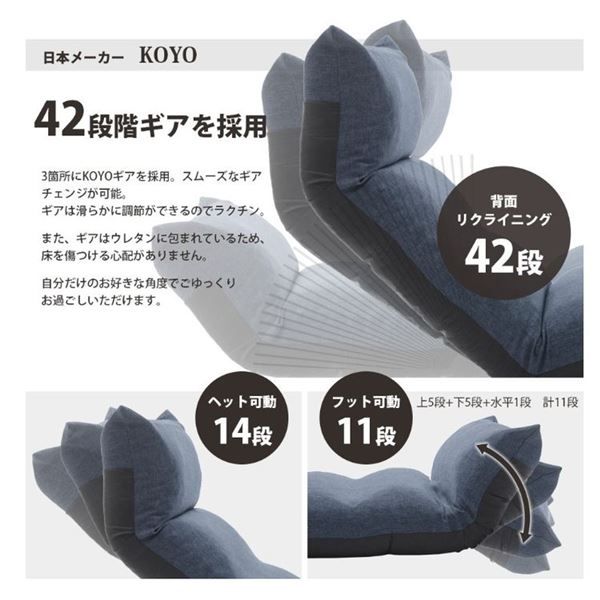 リクライニング フロアチェア/座椅子 ブルー 幅54cm 日本製 折りたたみ収納可 スチールパイプ ウレタン 〔リビング〕代引NG
