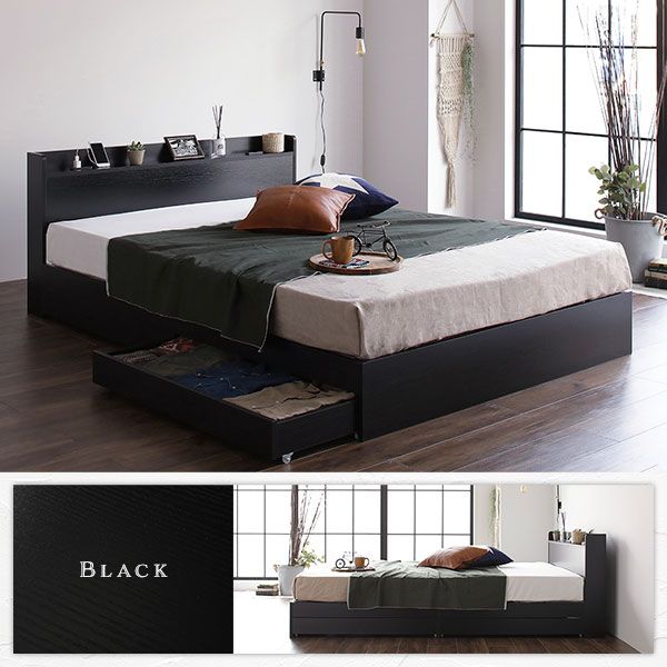 スーパSALE10倍＆4時間限定10％OFF セミダブルベッド 収納付き 引き出し付き 木製 棚付き 宮付き コンセント付き ブラック ベッドフレームのみ