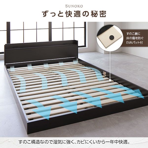 スーパSALE10倍＆4時間限定10％OFF シングルベッド 低床 ロータイプ すのこ 木製 宮付き 棚付き コンセント付き ブラック ベッドフレームのみ