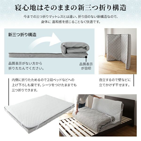スーパSALE10倍＆4時間限定10％OFF マットレス 国産 ポケットコイル 薄型 三つ折り 竹炭 抗菌 防臭 快眠 体圧分散 1年保証 コンパクト 圧縮 梱包 グレイ  セミシングル サイズ