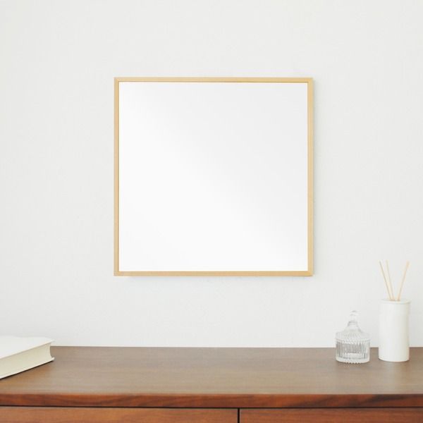 スーパSALE10倍＆4時間限定10％OFF 細枠正方形ウォールミラー幅42cm (ナチュラル) 天然木/鏡/スリム/高級感/木製/飛散防止加工/壁掛け/オシャレ/北欧風/日本製/完成品/NK-9