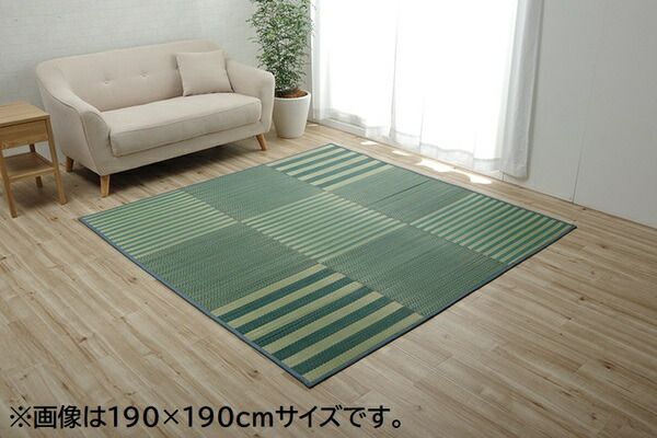 い草 ラグマット/絨毯 格子柄 ブルー 約190×300cm 撥水 滑り止め 防滑機能 不織布 抗菌 防臭 調湿 〔リビング〕代引NG
